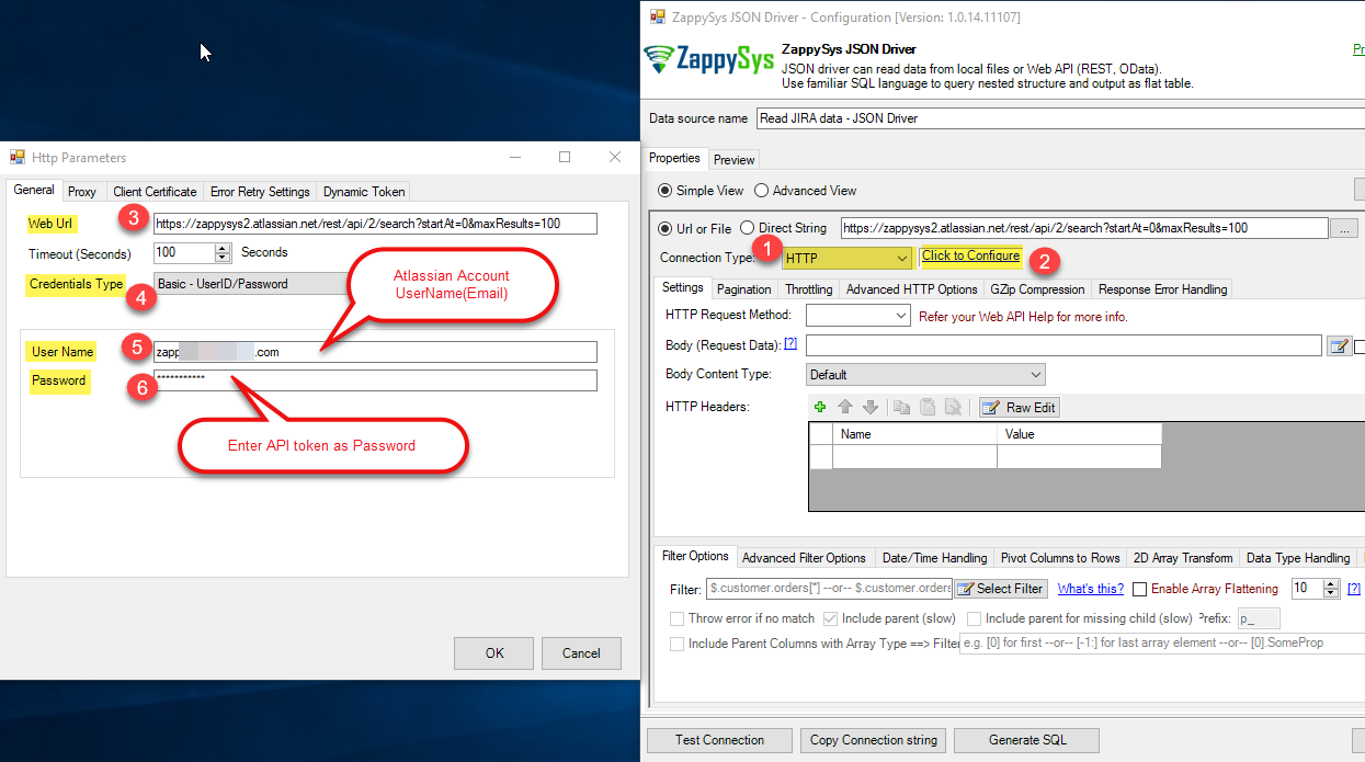JIRA REST API Connection - Use ZappySys JSON Driver HTTP Connection