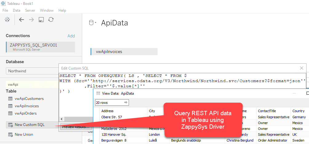 Create Tableau REST API Datasource using direct SQL Query