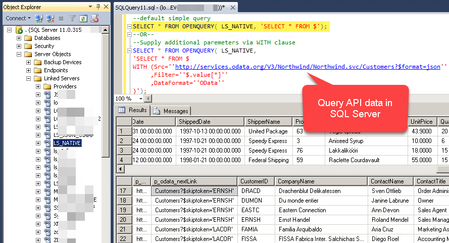 SSMS Output - Query REST API via Linked Server OPENQUERY statement (Connect to ZappySys Data Gateway)