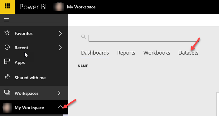 Go do workspace and select dataset
