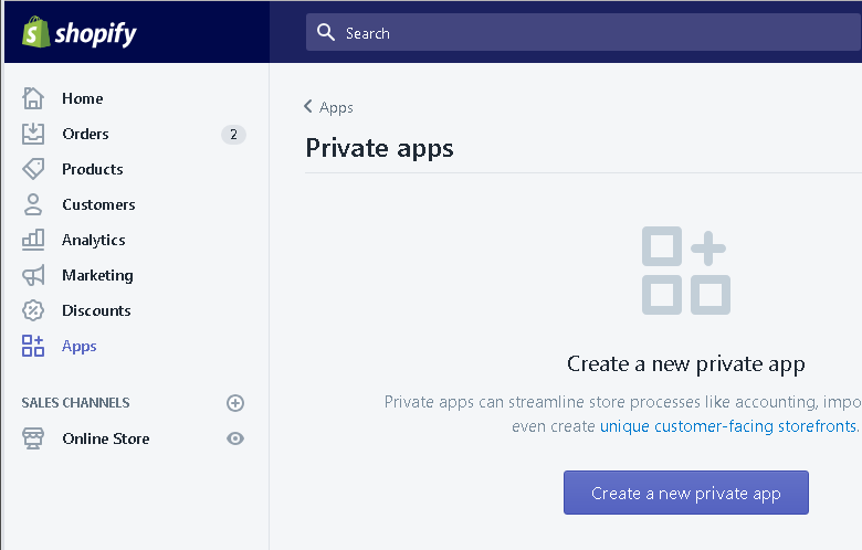 Create a new Shopify private app
