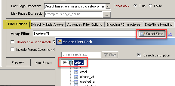 filter in ssis to get shopify data