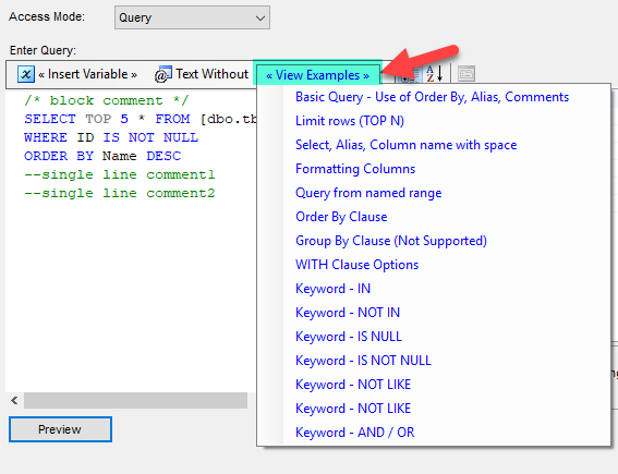 Read from Excel File using SQL Query Mode Examples