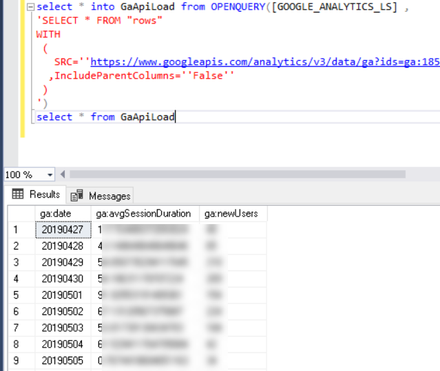 Import Google Analytics Data into SQL Server Table (using T-SQL Code)