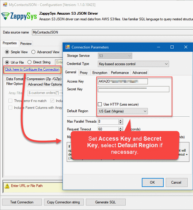 Configuring the authentication to Amazon S3 bucket in ZappySys Data Gateway