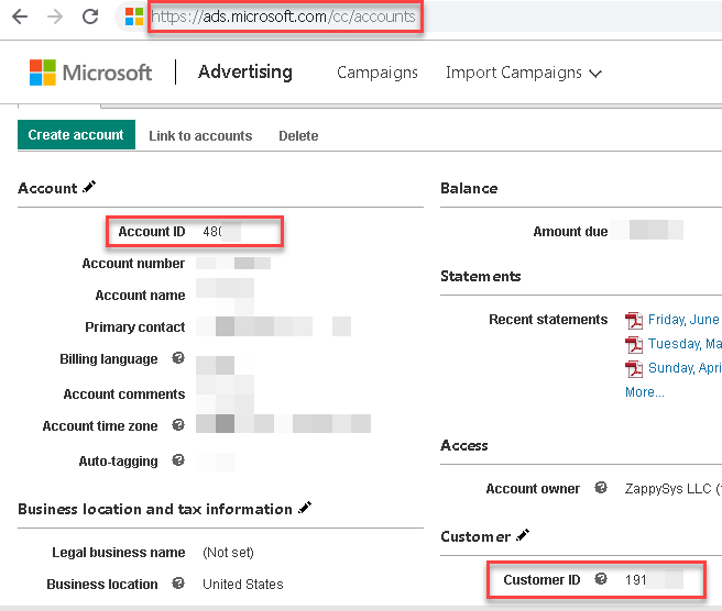 Obtain Bing Ads AccountId, ClientId for APi calls