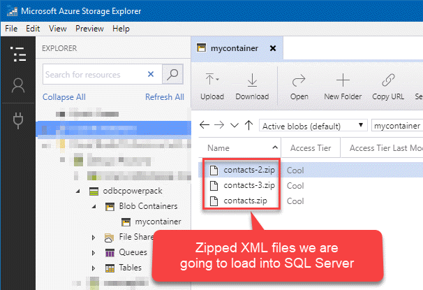 Zipped XML files located in Azure Blob container to be loaded into SQL Server