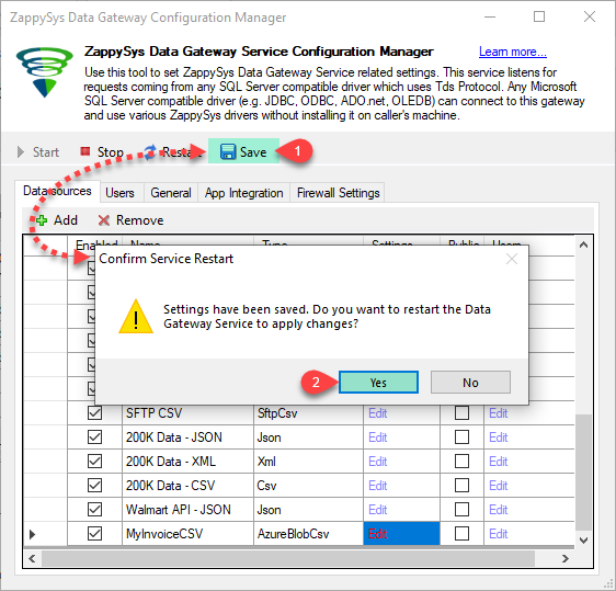 ZappySys Data Gateway Service - Save and Restart