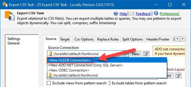 Export CSV Task: configuring OLE DB Connection to export data from SQL Server to Snowflake