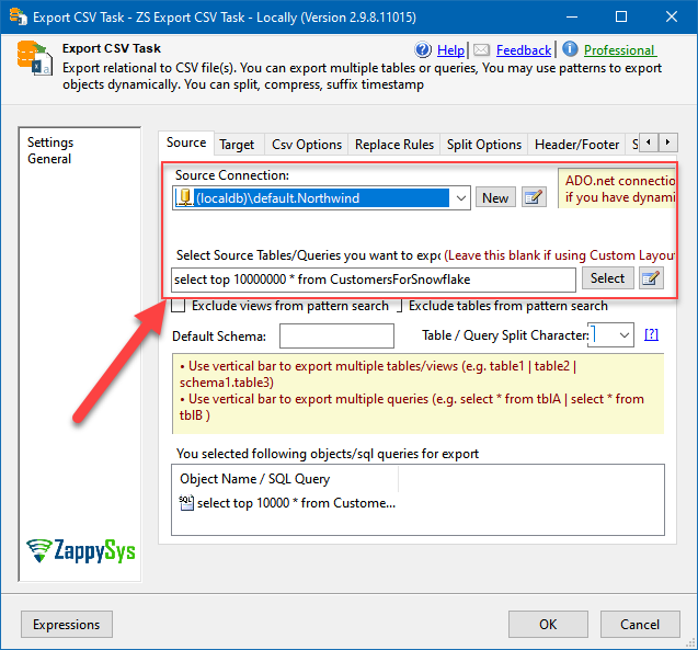 Export CSV Task: configuring source SQL query for data loading from SQL Server to Snowflake