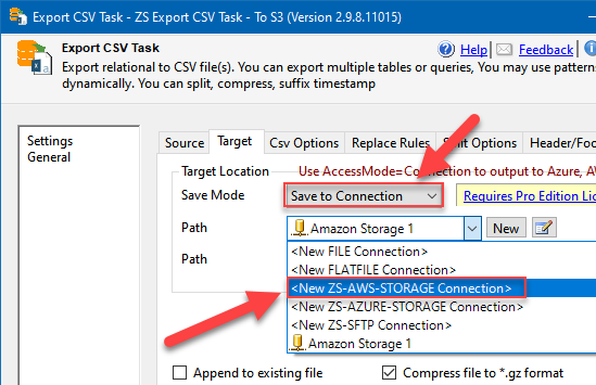 Export CSV Task: configuring Amazon S3 endpoint as the target for data export