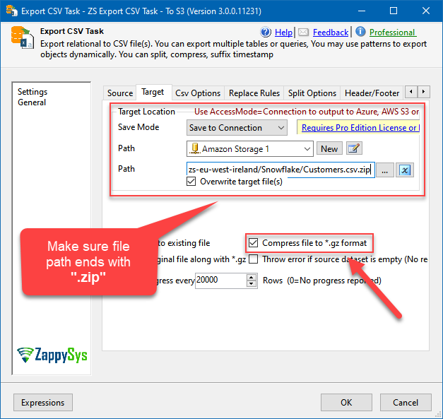 Export CSV Task: configuring target to store staging data in S3