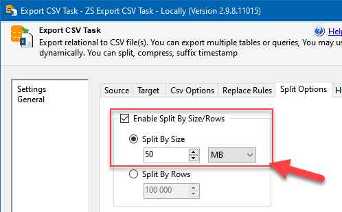 Using data split options in the Export CSV Task