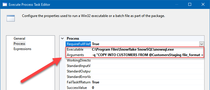Copying data from a staging area to a Snowflake table using SSIS