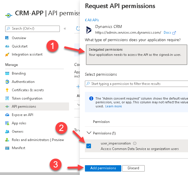 Select API Permissions for Dynamics CRM App (Azure AD App)