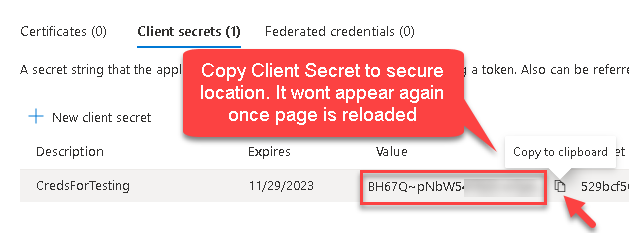 Copy Client Secret for Azure AD App