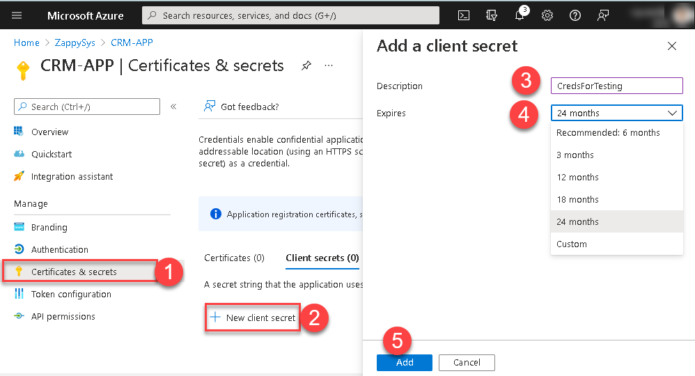 Azure AD App Create Client Secret / Set Name, Expiration Date