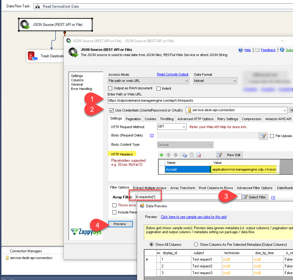 Read ManageEngine ServiceDesk Plus data in SSIS (Cloud Version) - Zoho API
