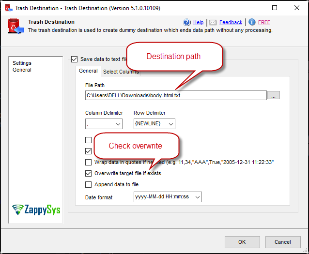 Add destination and check the overwrite option