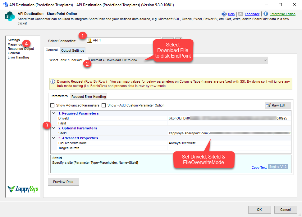 SSIS API Destination Component - Configure Settings Tab to download File from SharePoint Online
