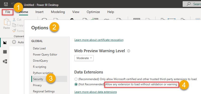 Power BI options security settings to enable custom connectors