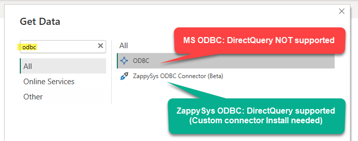Power BI ODBC data source with Import mode only and no DirectQuery option