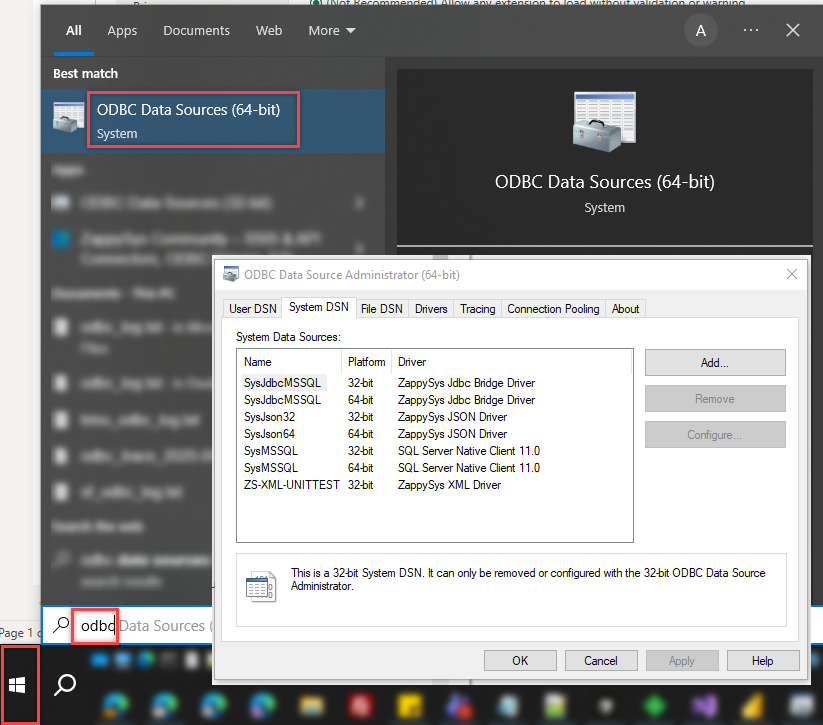 Windows 64-bit ODBC Data Source Administrator with System DSN configured