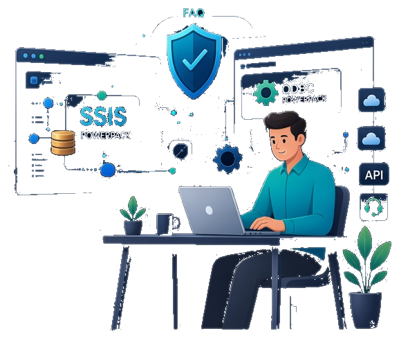Data engineer at a dual-monitor command center using SSIS PowerPack and ODBC PowerPack