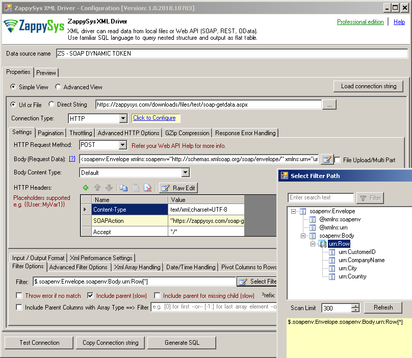 ZappySys ODBC Driver UI - setting to read from File or API URL. Read from JSON REST API / XML SOAP Web Service / CSV Format.