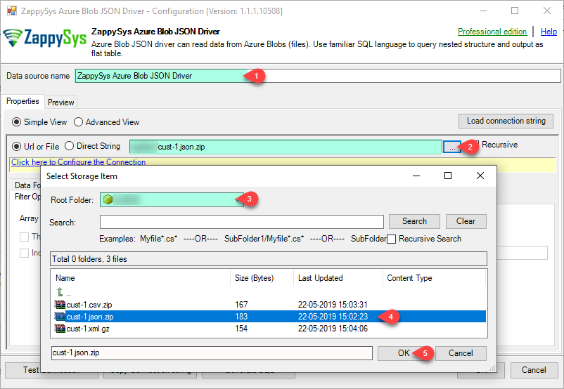 ODBC Azure Blob Driver - Select File
