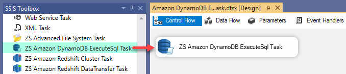 Drag and drop the ZS Amazon DynamoDB ExecuteSql Task