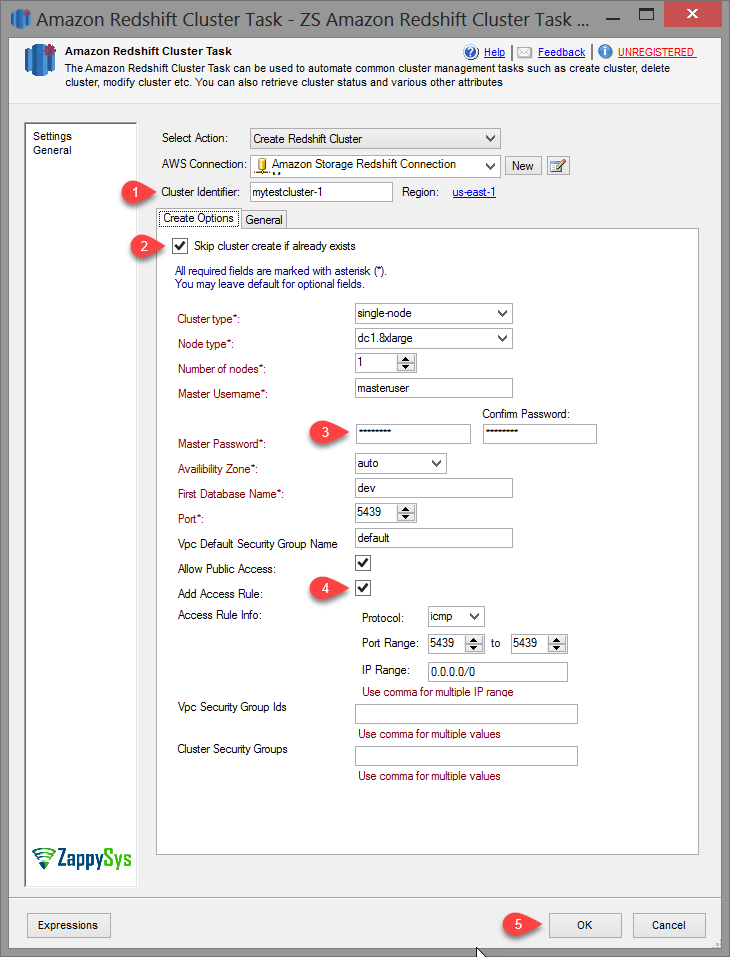 SSIS Amazon Redshift Cluster Management Task - Create Cluster Option