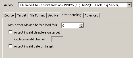 Configure Invalid Character Replace, Max allowed errors for Redshift Load
