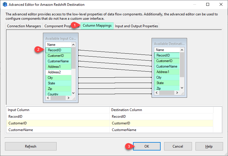 SSIS Amazon Redshift Destination - Column Mappings