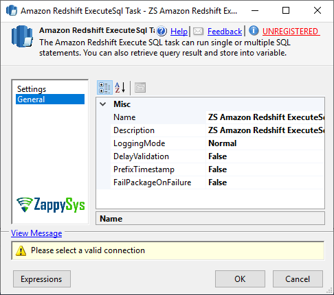 SSIS Amazon Redshift ExecuteSQL Task - Setting UI
