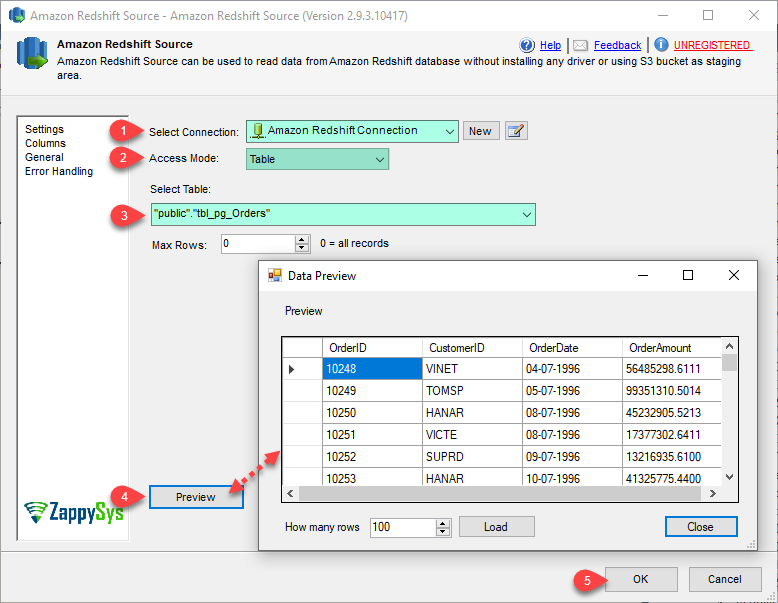 SSIS Amazon Redshift Source - Configure with Table Mode