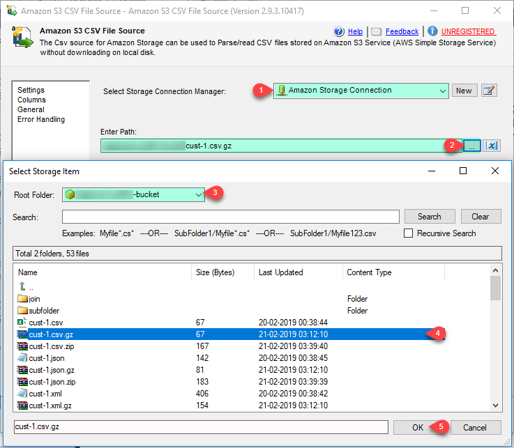 SSIS Amazon S3 CSV File Source - Select CSV File(s) using Blob Browser UI