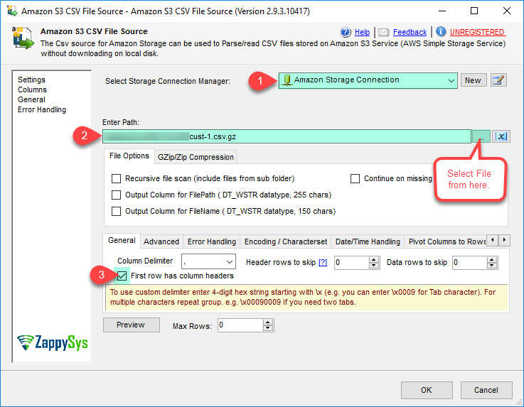 SSIS Amazon S3 CSV File Source - Read from CSV File Options