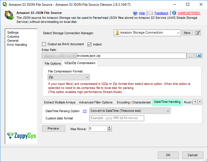 SSIS Amazon S3 JSON File Source - DateTime Parsing Options