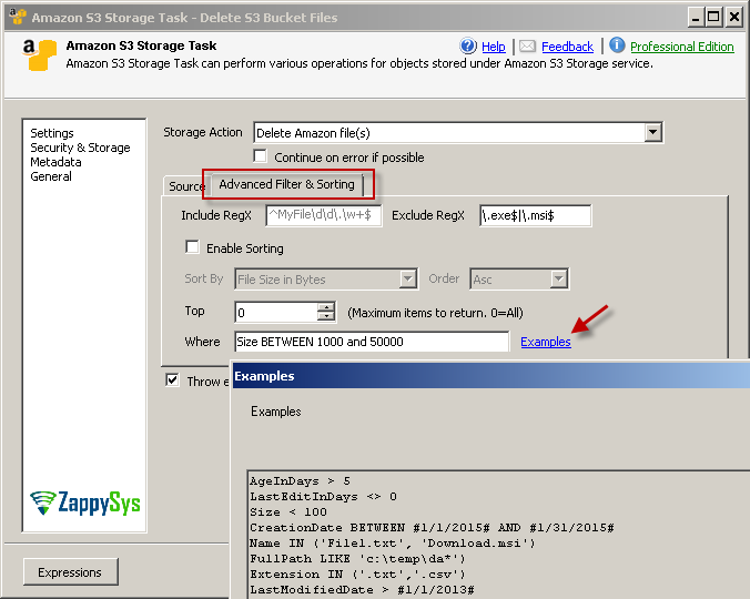 Advanced Search in SSIS Amazon S3 Task - Use Regular Expression Patterns, SQL like expression for Sort / Filter