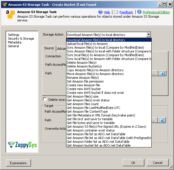 SSIS Amazon S3 Task Operations - Upload, Download, Delete, Create, List, Rename Files, Folders, Buckets