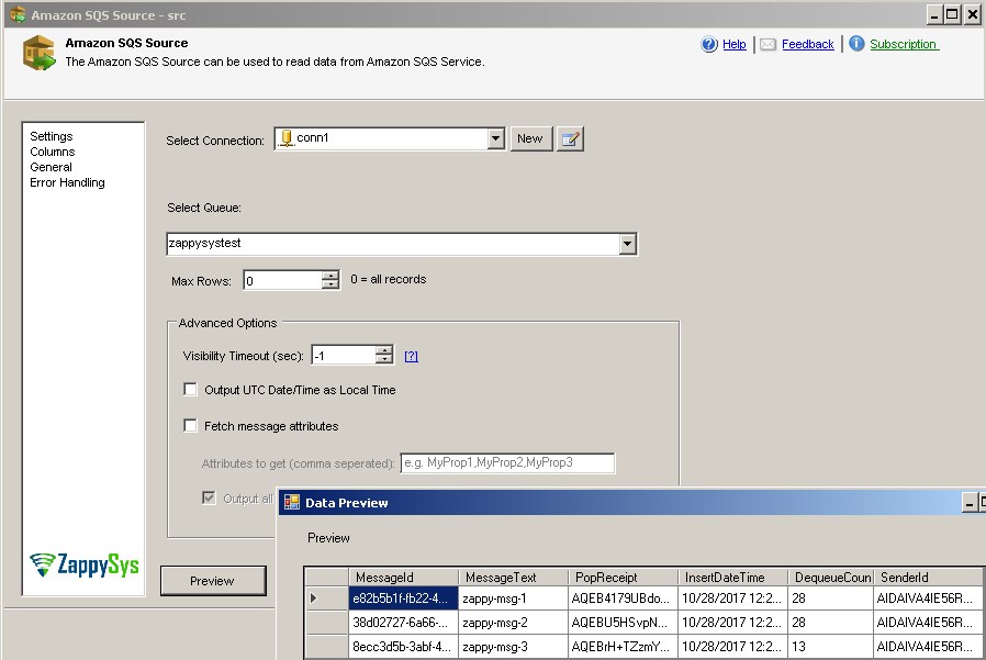 SSIS Amazon SQS Source UI - Preview Data