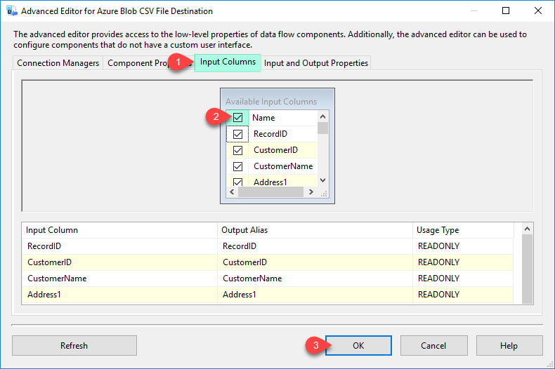 SSIS Azure Blob CSV File Destination - Input Columns