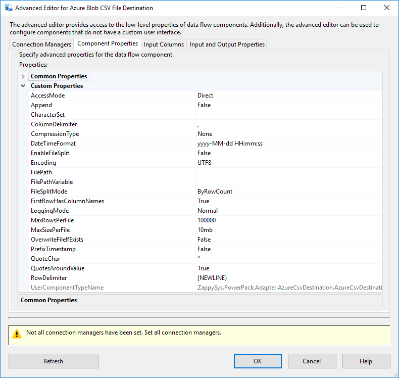 SSIS Azure Blob CSV File Destination - Setting UI