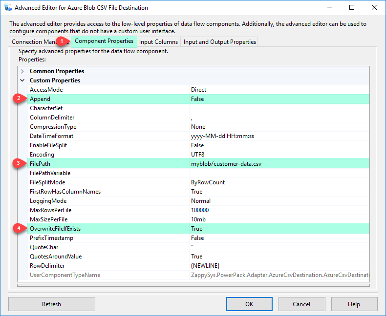 SSIS Azure Blob CSV File Destination - Component Properties