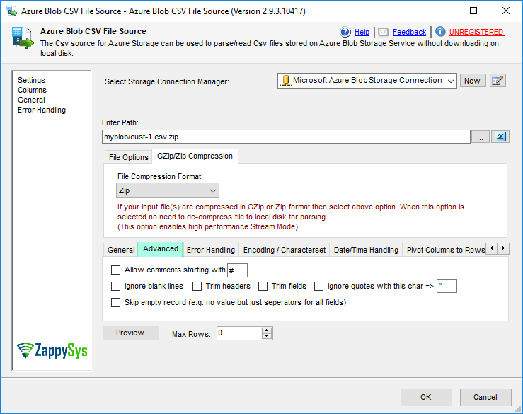 SSIS Azure Blob CSV File Source - Advanced CSV Parsing Options