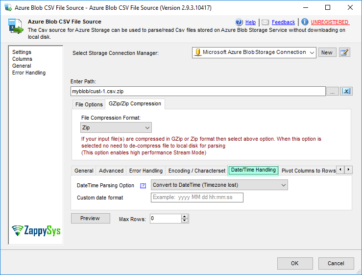 SSIS Azure Blob CSV File Source - DateTime Parsing Options