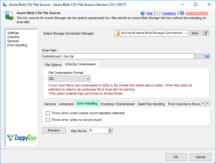 SSIS Azure Blob CSV File Source - Error Handling Options