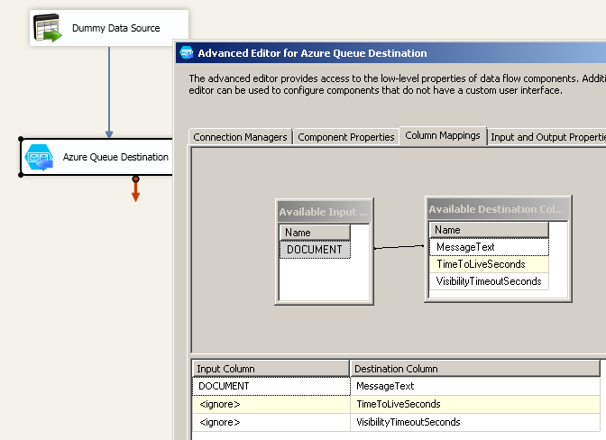 Configure SSIS Azure Queue Destination Adapter - Mapping Tab