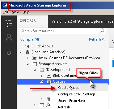 Microsoft Azure Storage Explorer - Create Queue 